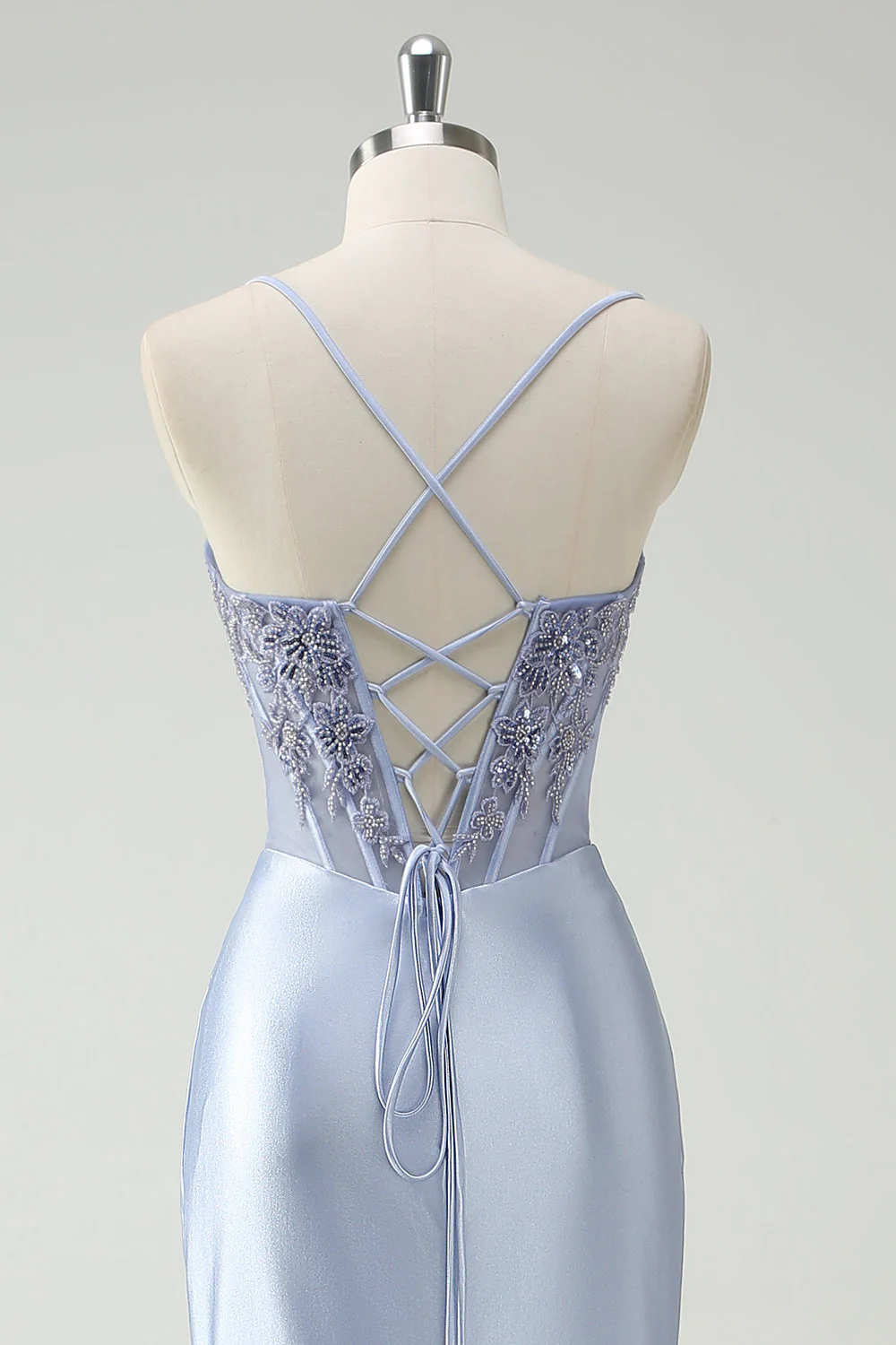 Light Blue Mermaid Ruched Long Prom Dress with Appliqued Beading - Image 5