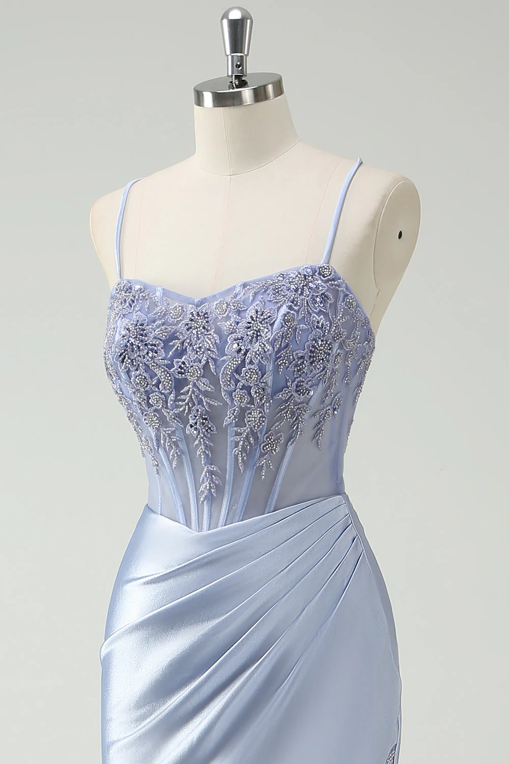 Light Blue Mermaid Ruched Long Prom Dress with Appliqued Beading - Image 6