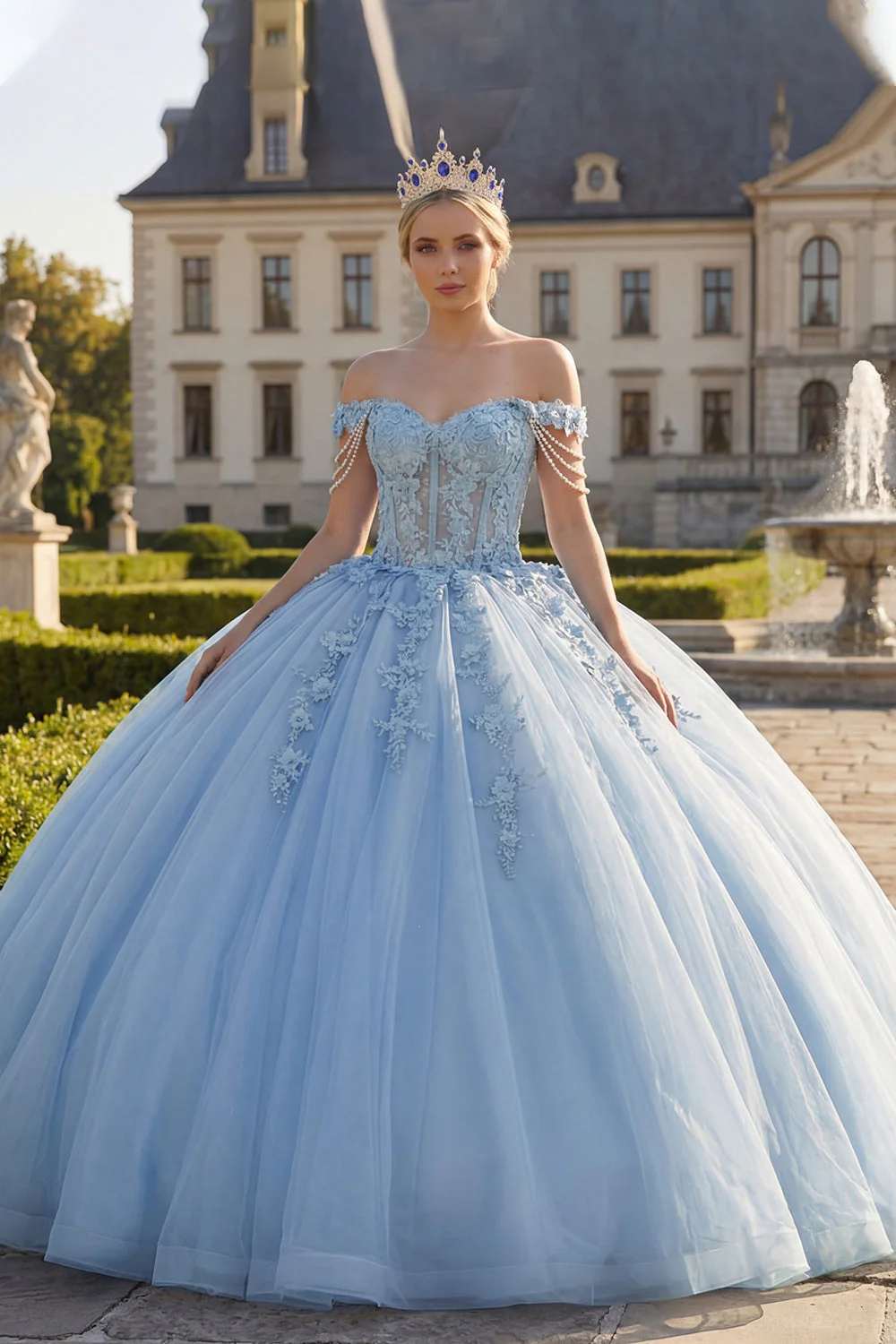 Light Blue Off the Shoulder Ball Gown Appliqued Corset Quinceanera Dress