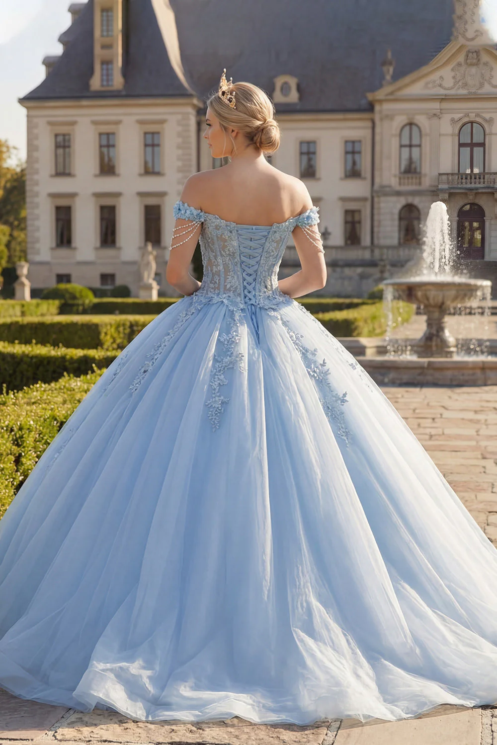 Light Blue Off the Shoulder Ball Gown Appliqued Corset Quinceanera Dress - Image 2