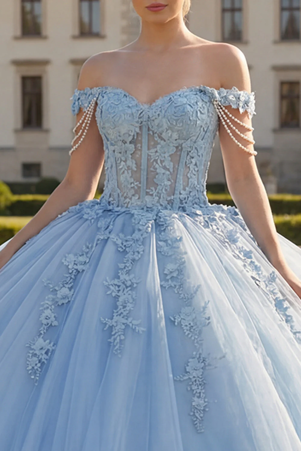 Light Blue Off the Shoulder Ball Gown Appliqued Corset Quinceanera Dress - Image 3