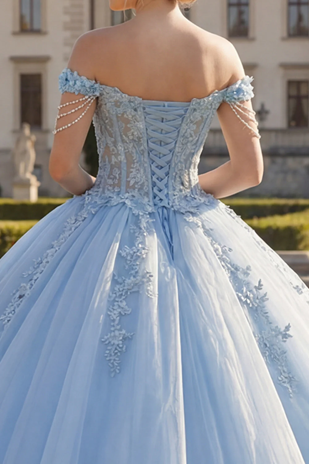Light Blue Off the Shoulder Ball Gown Appliqued Corset Quinceanera Dress - Image 4