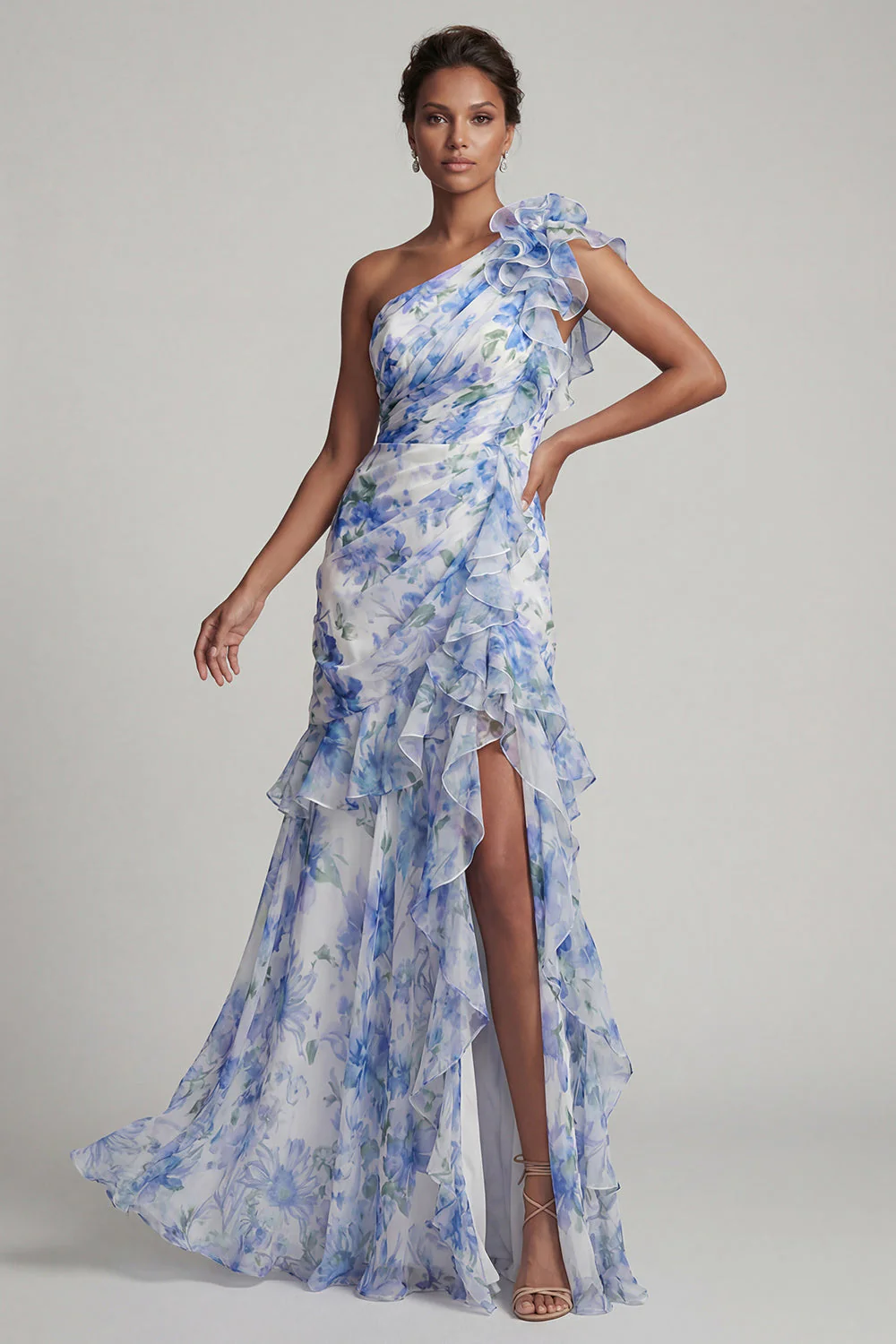 One Shoulder Light Blue Printed Floral Mother of the Bride Dress with Ruffle Slit