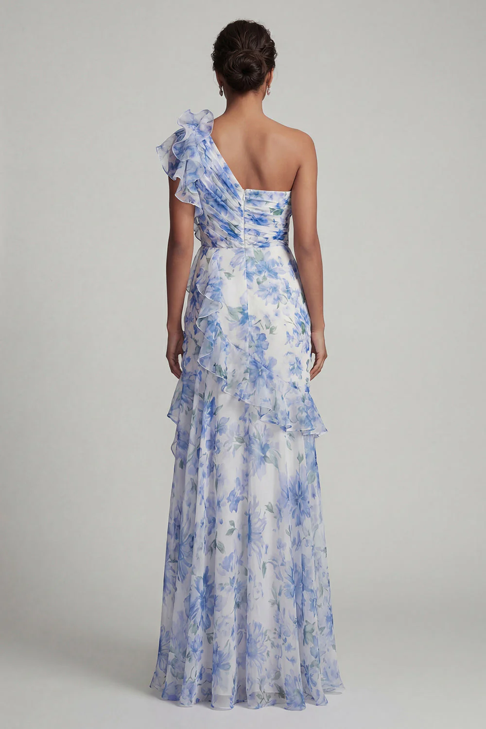 One Shoulder Light Blue Printed Floral Mother of the Bride Dress with Ruffle Slit - Image 2