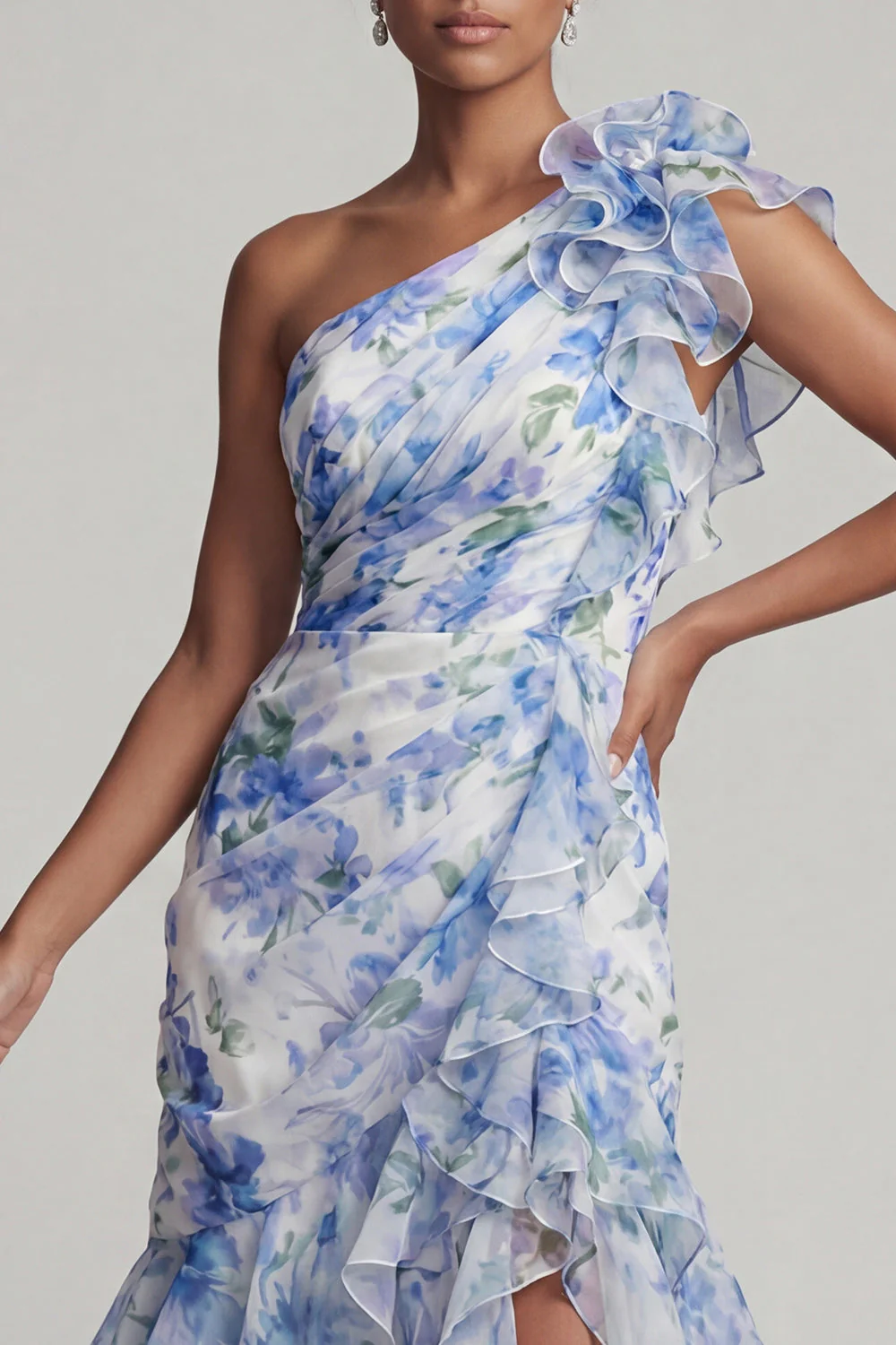One Shoulder Light Blue Printed Floral Mother of the Bride Dress with Ruffle Slit - Image 4