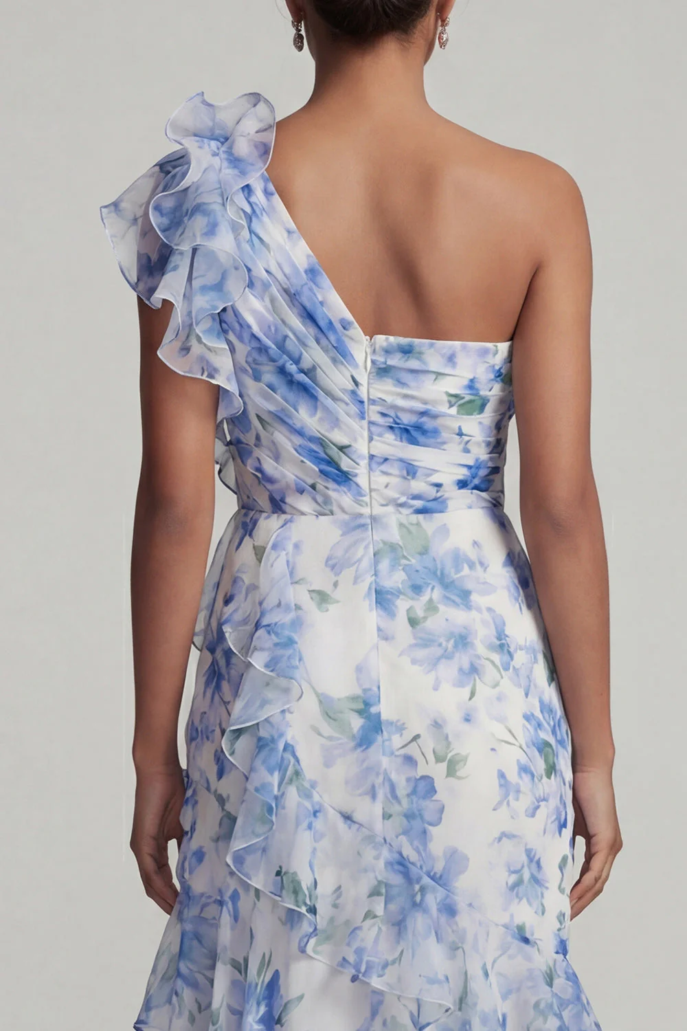One Shoulder Light Blue Printed Floral Mother of the Bride Dress with Ruffle Slit - Image 5