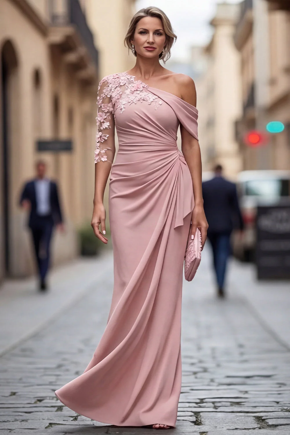 Blush One Shoulder Sheath Ruched Long Mother Of the Bride Dress with 3D Flowers