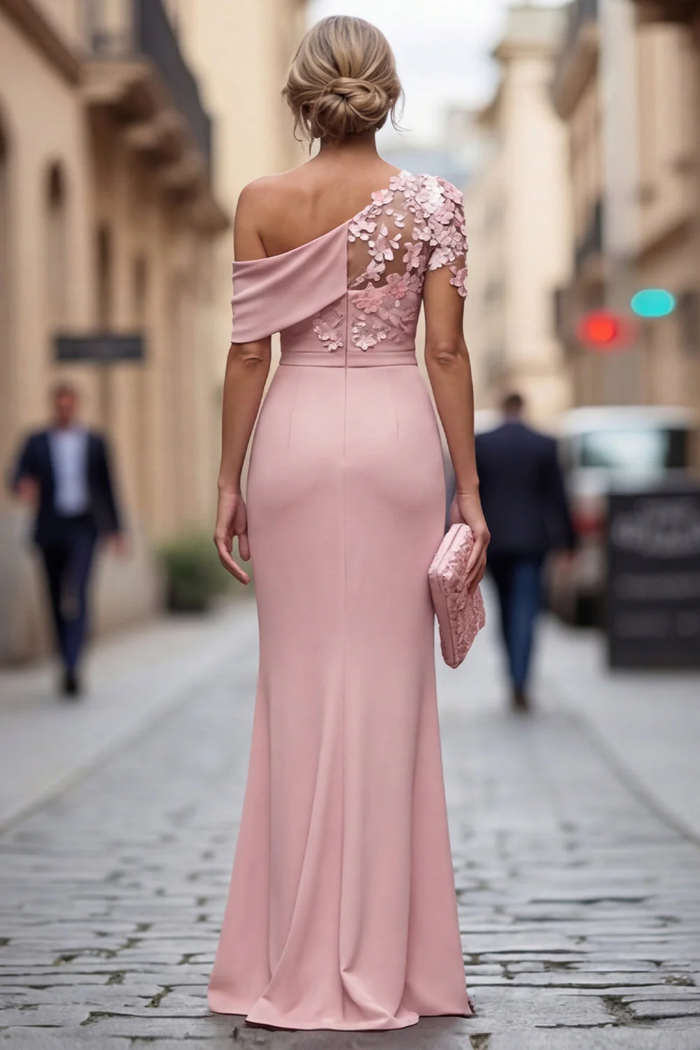 Blush One Shoulder Sheath Ruched Long Mother Of the Bride Dress with 3D Flowers - Image 2