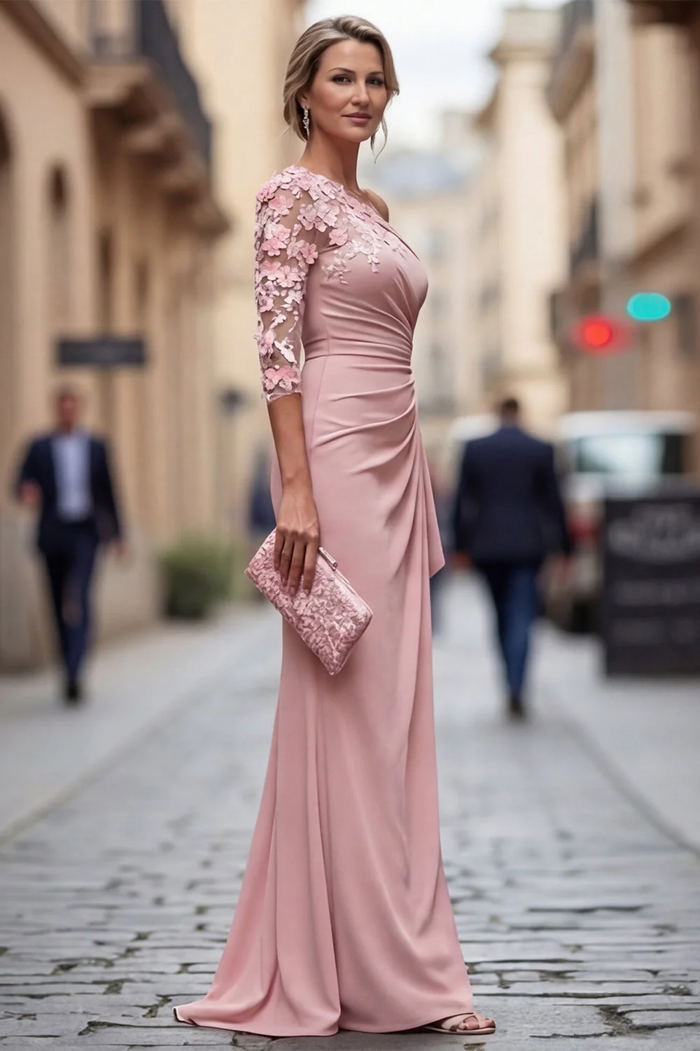 Blush One Shoulder Sheath Ruched Long Mother Of the Bride Dress with 3D Flowers - Image 3