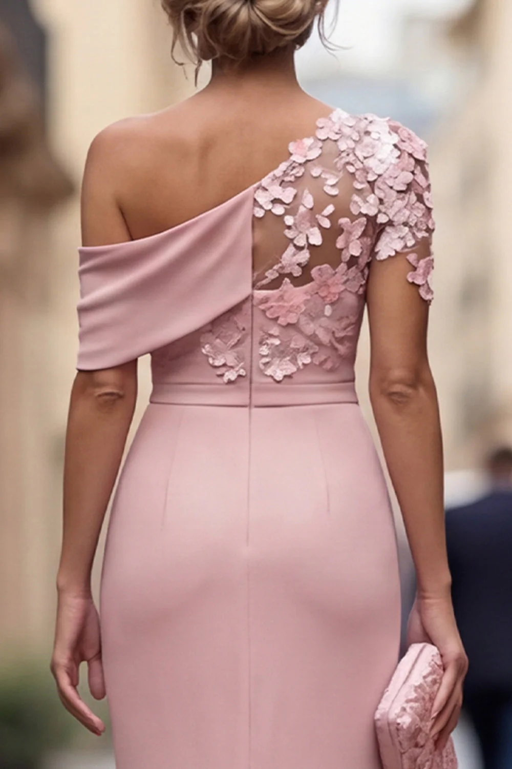 Blush One Shoulder Sheath Ruched Long Mother Of the Bride Dress with 3D Flowers - Image 5
