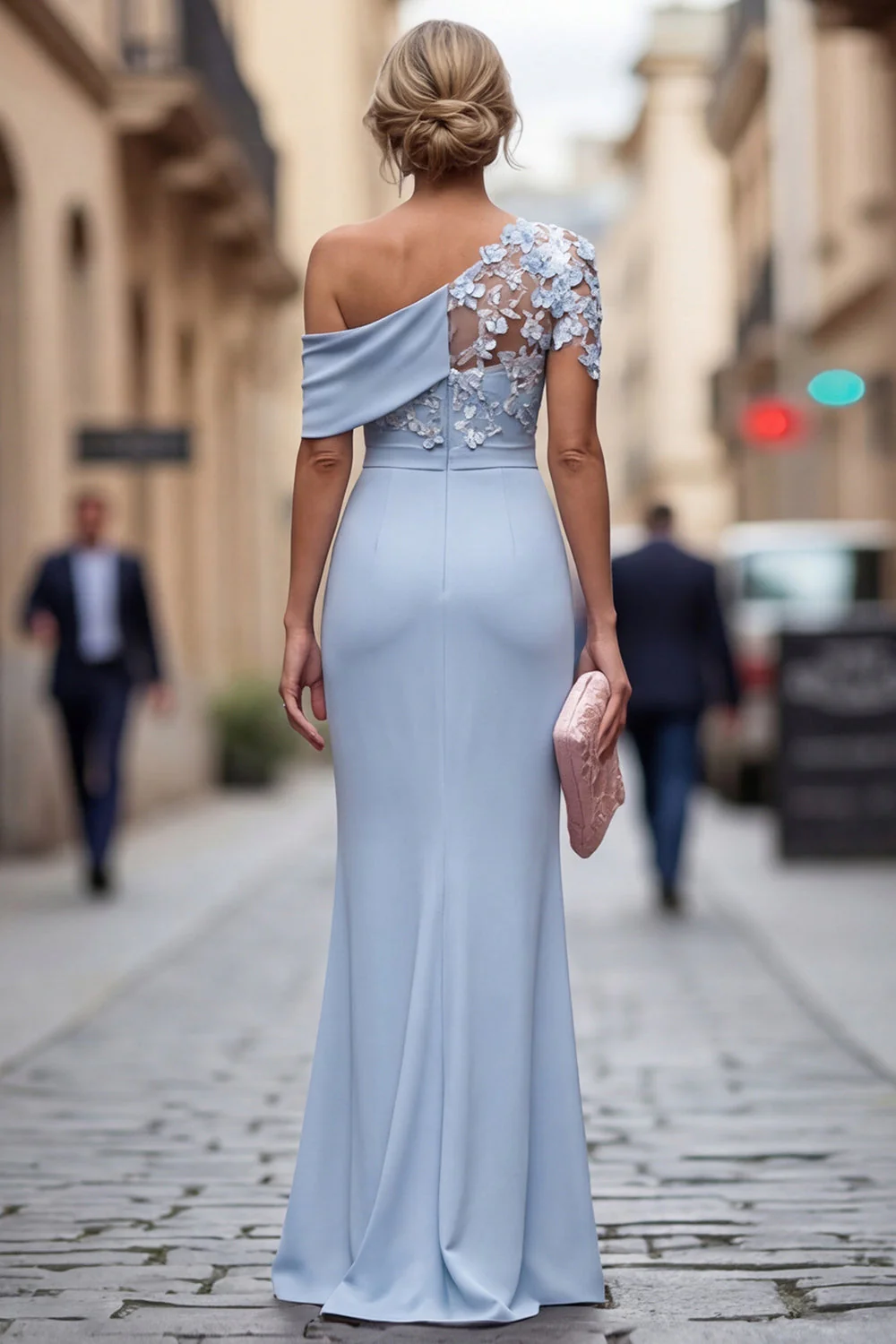 Blush One Shoulder Sheath Ruched Long Mother Of the Bride Dress with 3D Flowers - Image 8