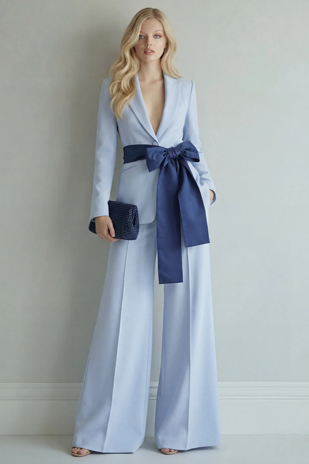 Light Blue Peak Lapel Single Breasted 2 Piece Wide Leg Work Suits