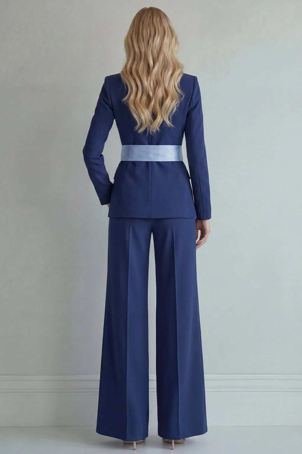 Light Blue Peak Lapel Single Breasted 2 Piece Wide Leg Work Suits - Image 10