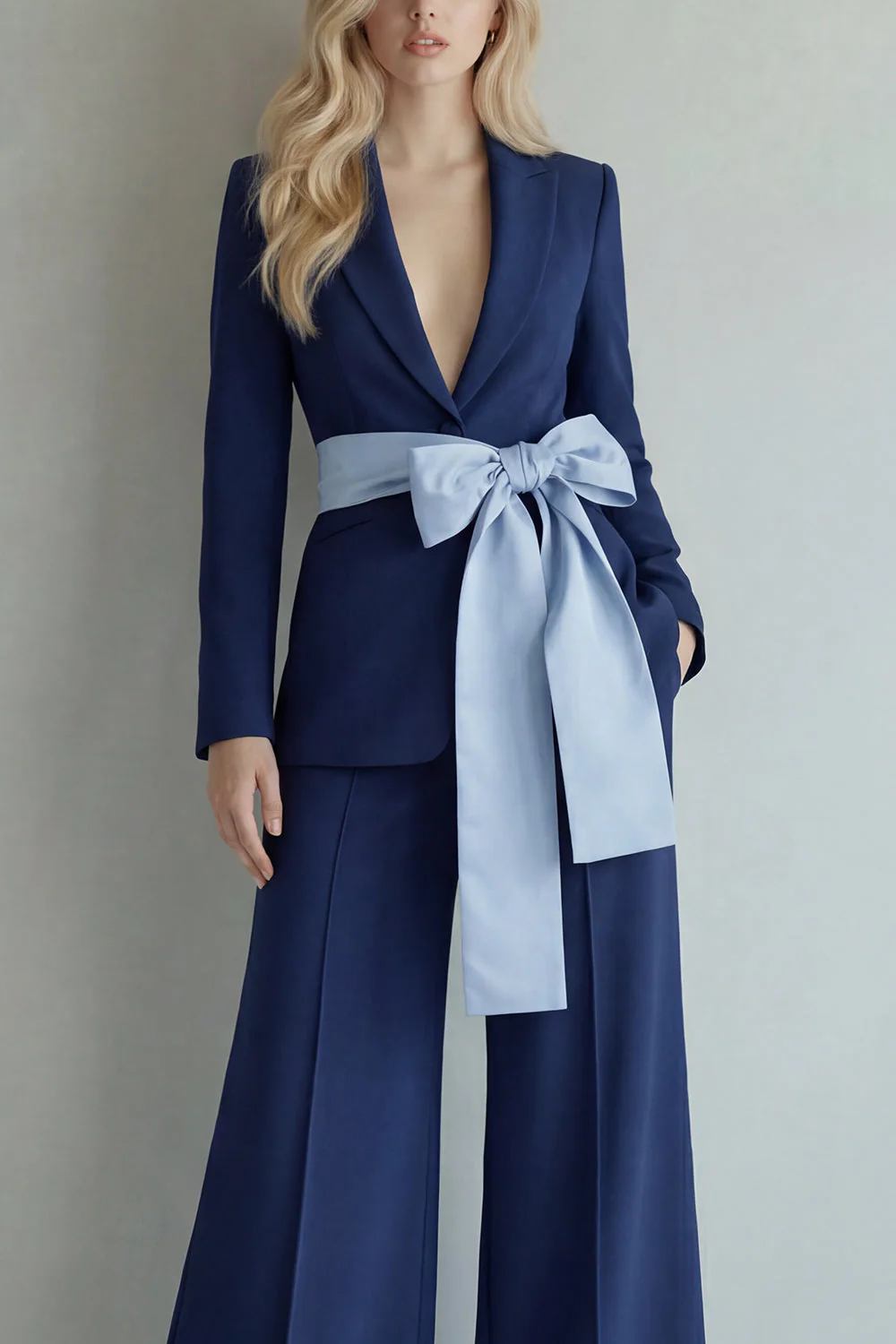 Light Blue Peak Lapel Single Breasted 2 Piece Wide Leg Work Suits - Image 11