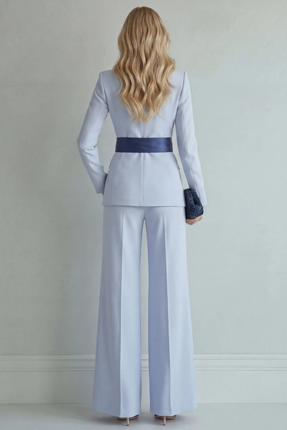 Light Blue Peak Lapel Single Breasted 2 Piece Wide Leg Work Suits - Image 2