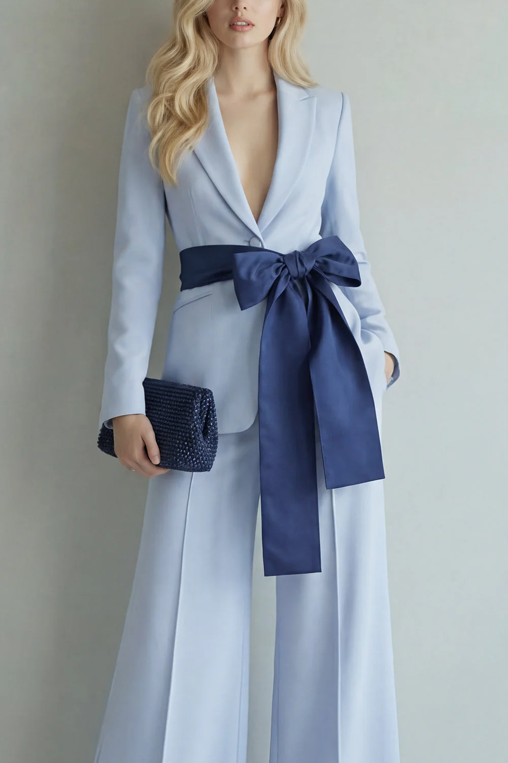 Light Blue Peak Lapel Single Breasted 2 Piece Wide Leg Work Suits - Image 3