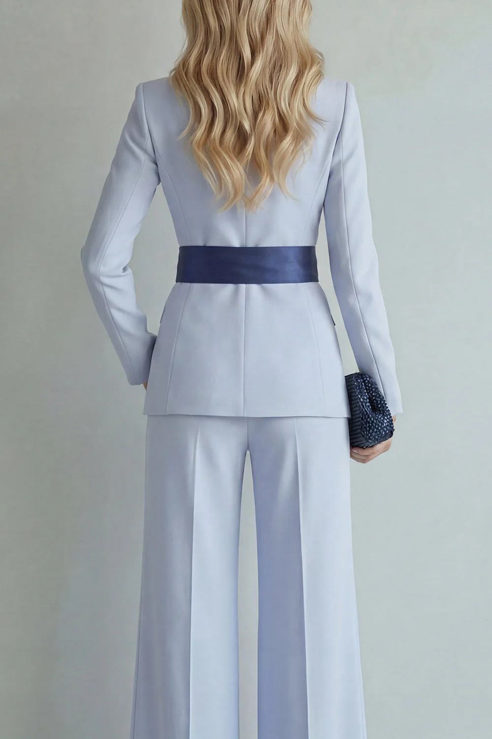 Light Blue Peak Lapel Single Breasted 2 Piece Wide Leg Work Suits - Image 4