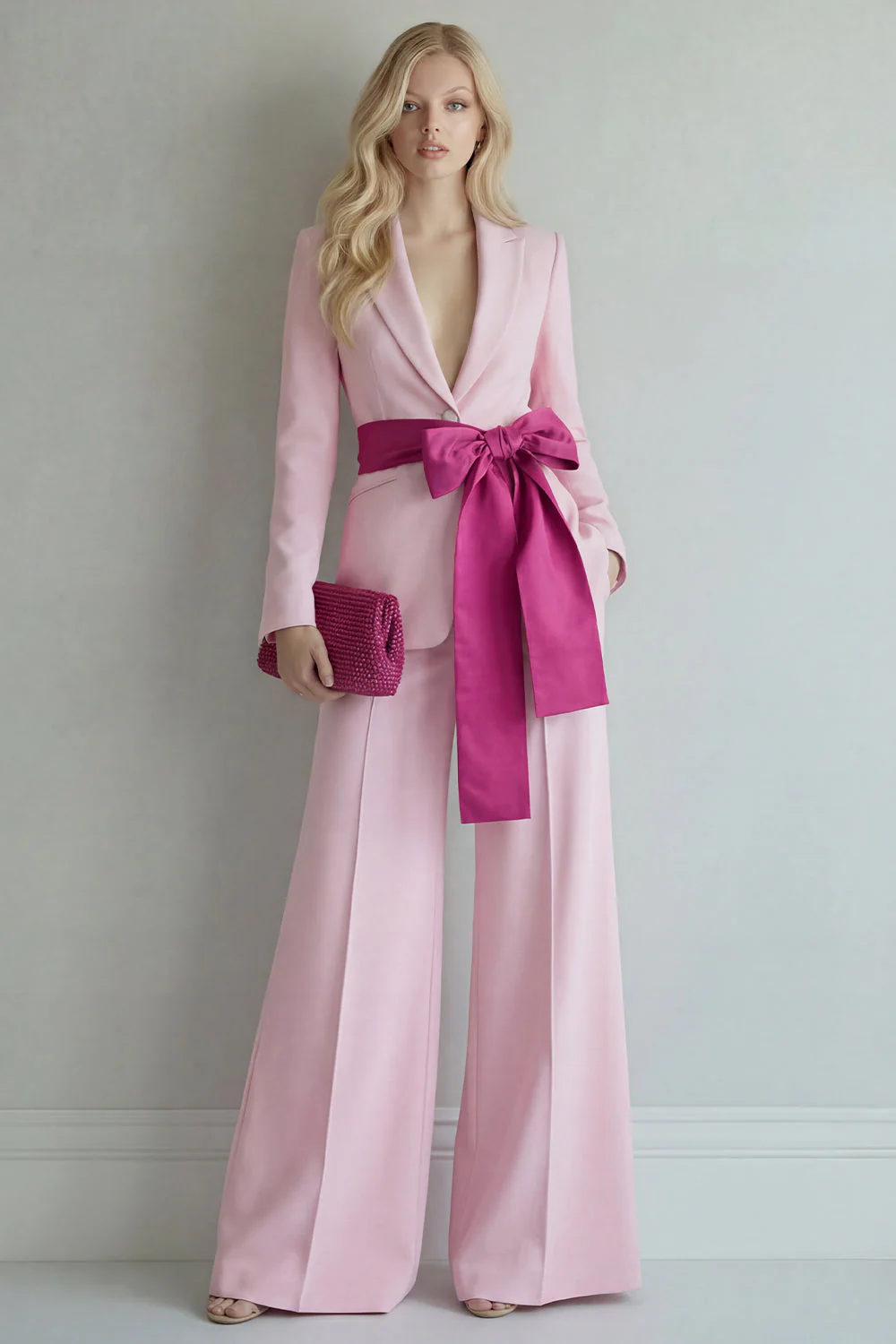 Light Blue Peak Lapel Single Breasted 2 Piece Wide Leg Work Suits - Image 5