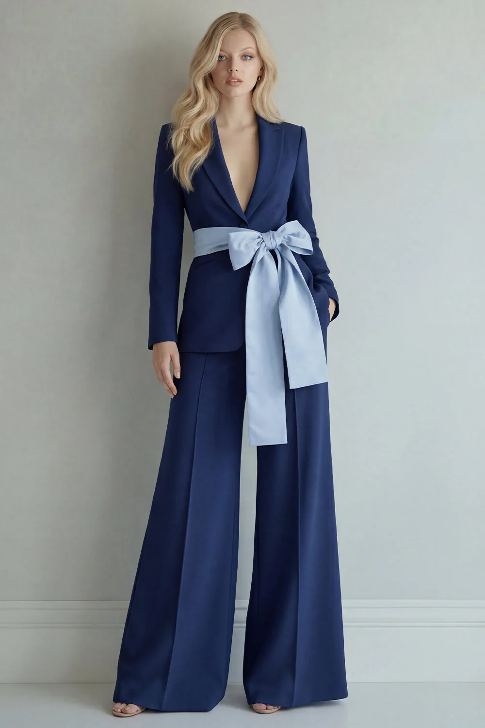 Light Blue Peak Lapel Single Breasted 2 Piece Wide Leg Work Suits - Image 9