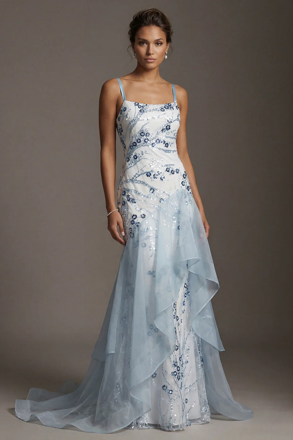 Light Blue Sequin Mermaid Ruffled Mother Of the Bride Dress