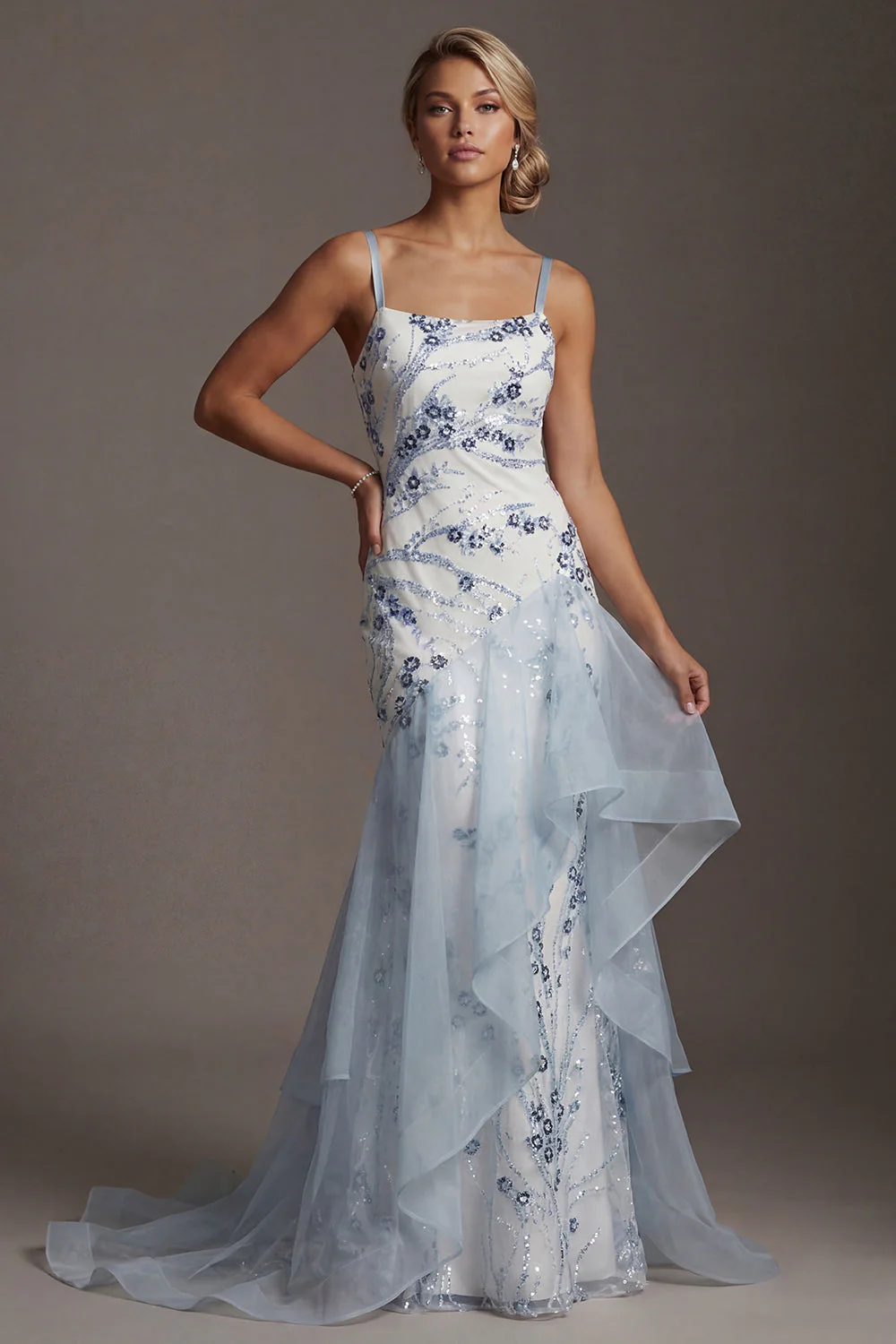Light Blue Sequin Mermaid Ruffled Mother Of the Bride Dress - Image 3