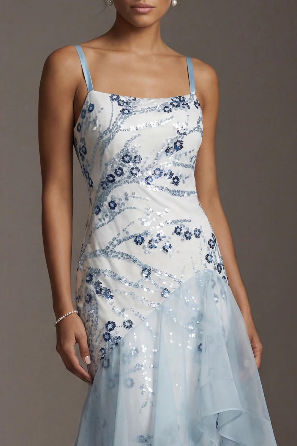 Light Blue Sequin Mermaid Ruffled Mother Of the Bride Dress - Image 4