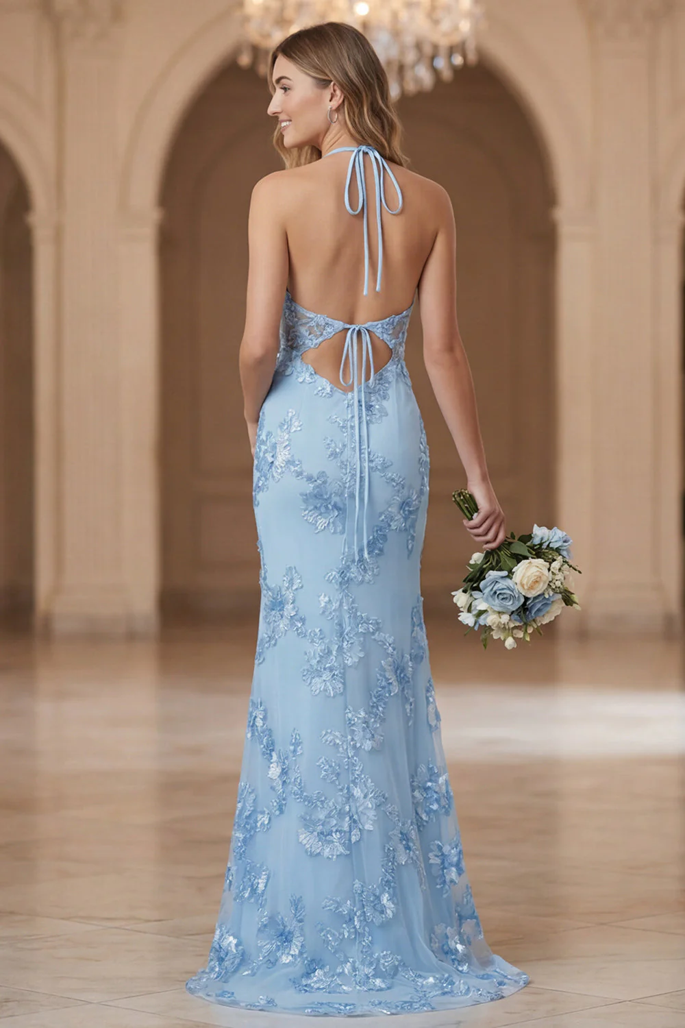 Light Blue Sheath Halter Open Back Bridesmaid Dress with Embroidery - Image 2