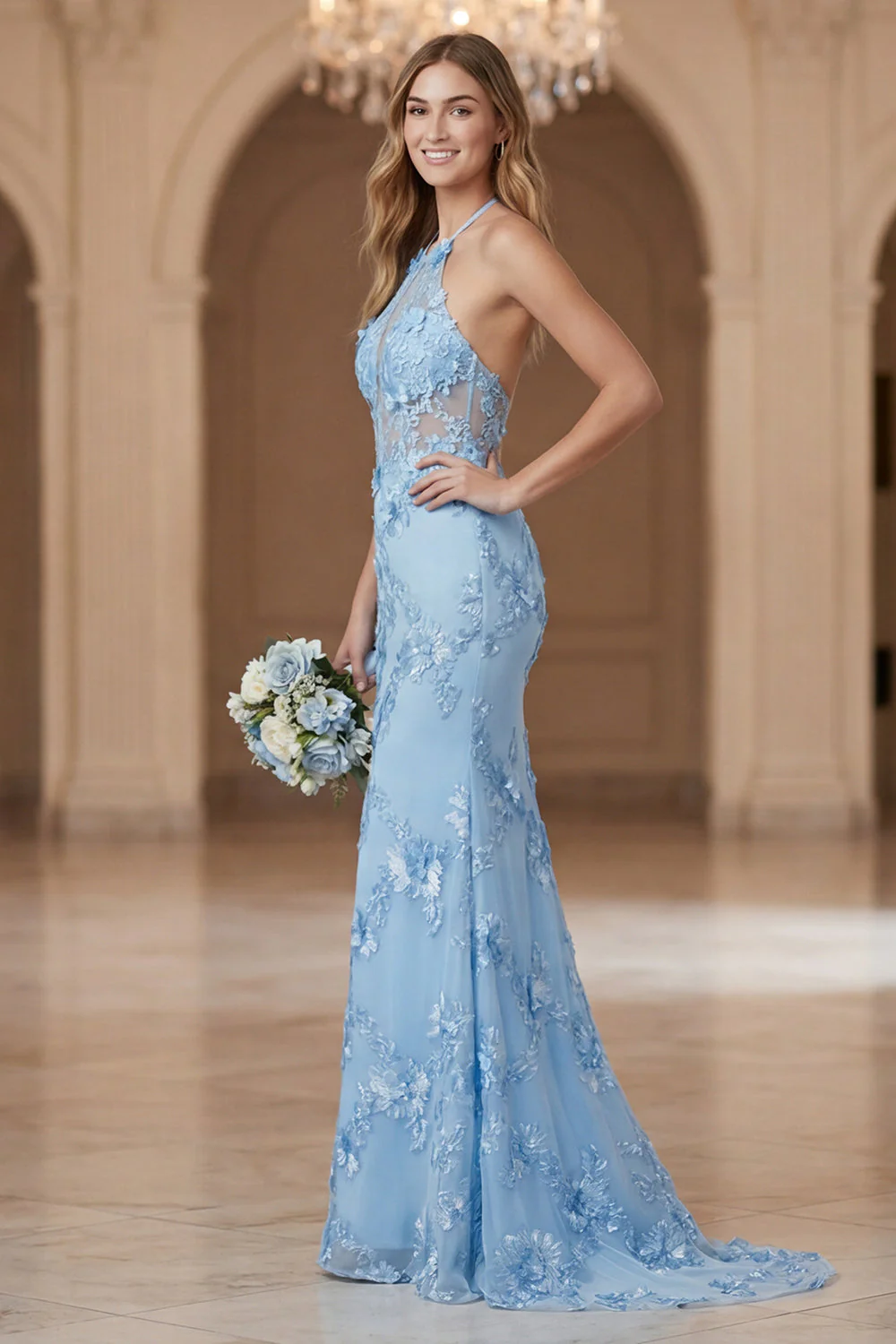 Light Blue Sheath Halter Open Back Bridesmaid Dress with Embroidery - Image 3