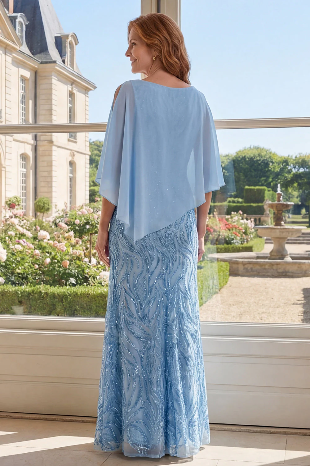 Elegant Light Blue Sheath Sequins Long Mother Of the Bride Dress with Cape - Image 2