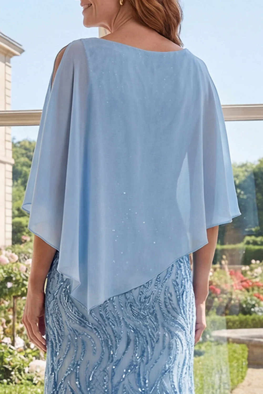 Elegant Light Blue Sheath Sequins Long Mother Of the Bride Dress with Cape - Image 4