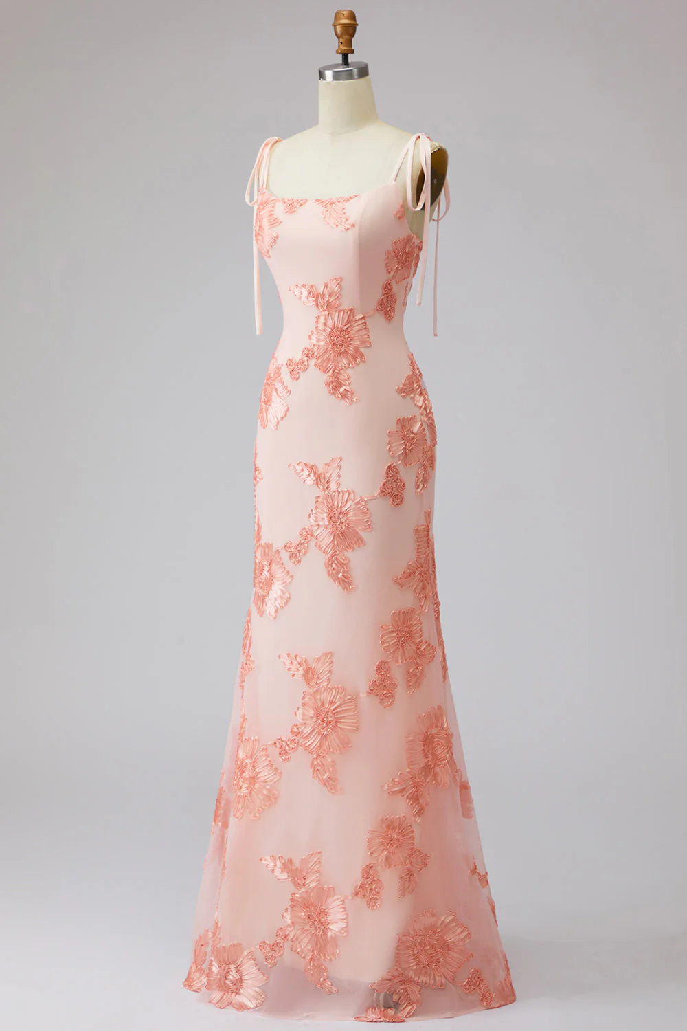 Light Blue Spaghetti Straps Mermaid Maxi Dress with Floral Embroidery - Image 11