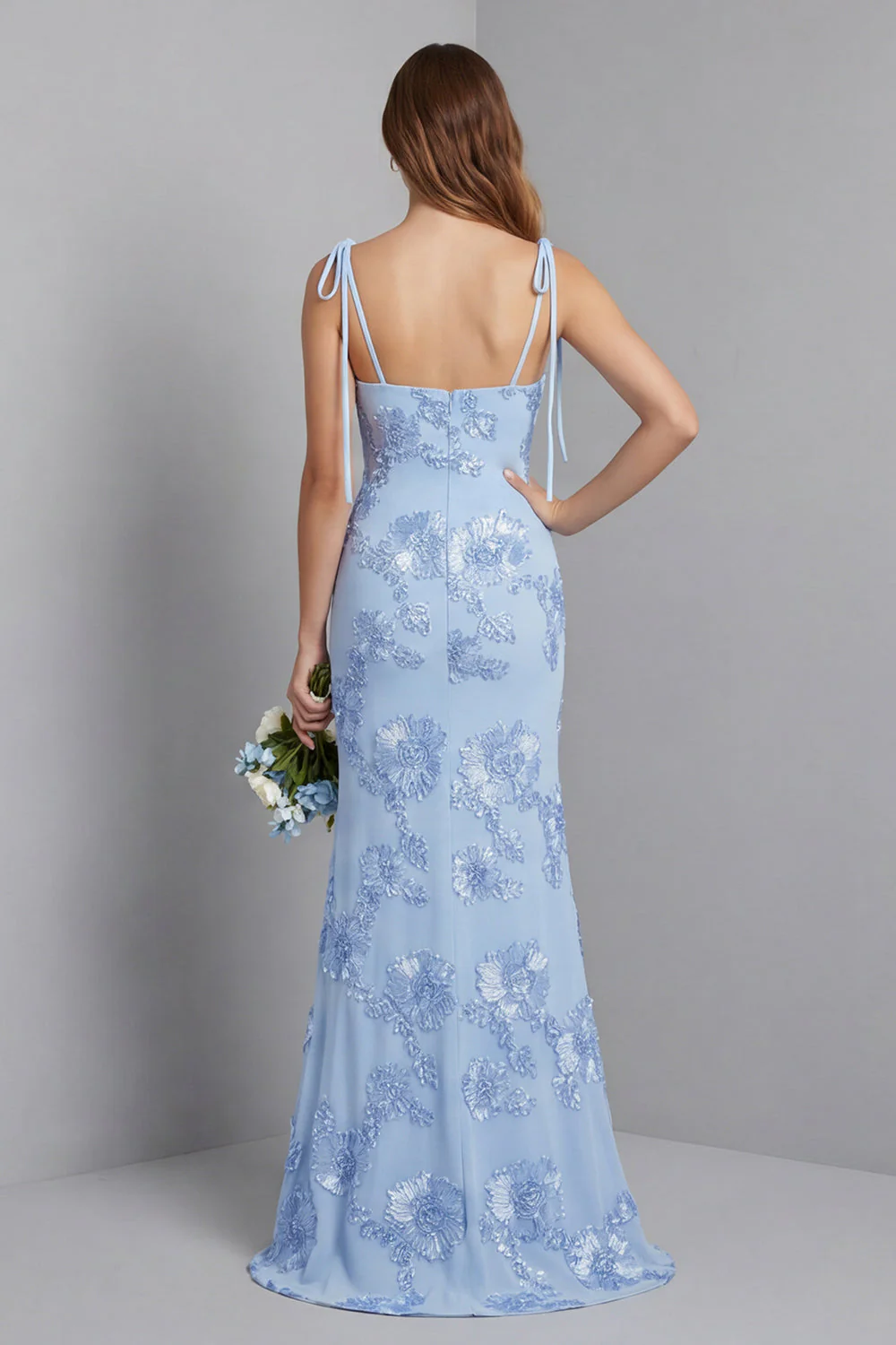 Light Blue Spaghetti Straps Mermaid Maxi Dress with Floral Embroidery - Image 2