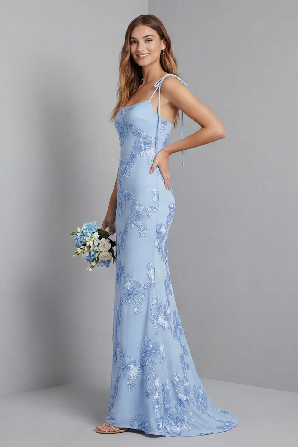 Light Blue Spaghetti Straps Mermaid Maxi Dress with Floral Embroidery - Image 3