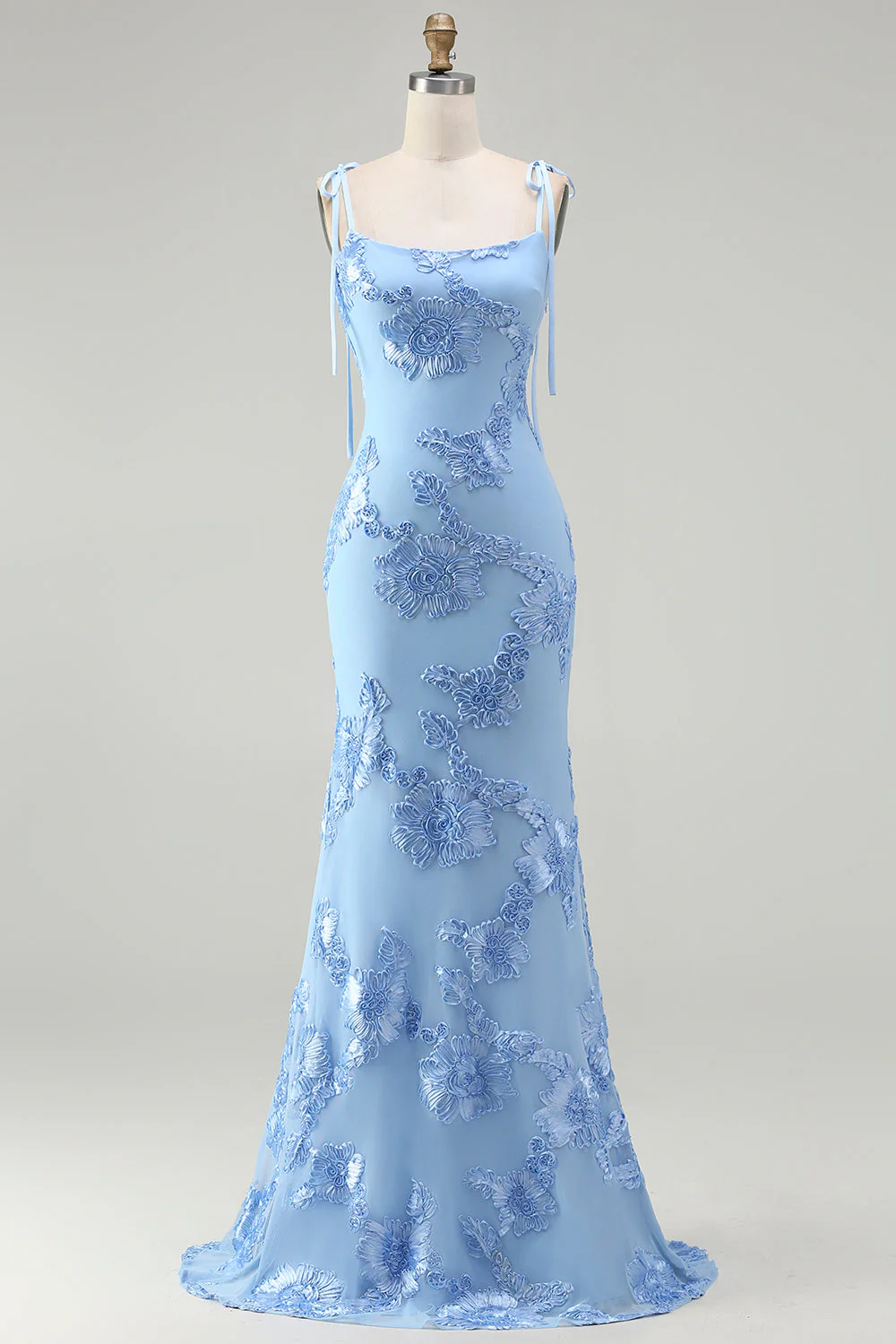 Light Blue Spaghetti Straps Mermaid Maxi Dress with Floral Embroidery - Image 7