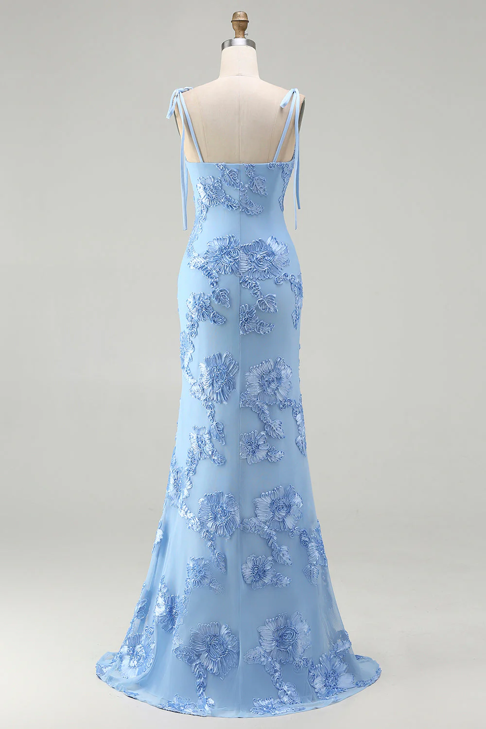 Light Blue Spaghetti Straps Mermaid Maxi Dress with Floral Embroidery - Image 8