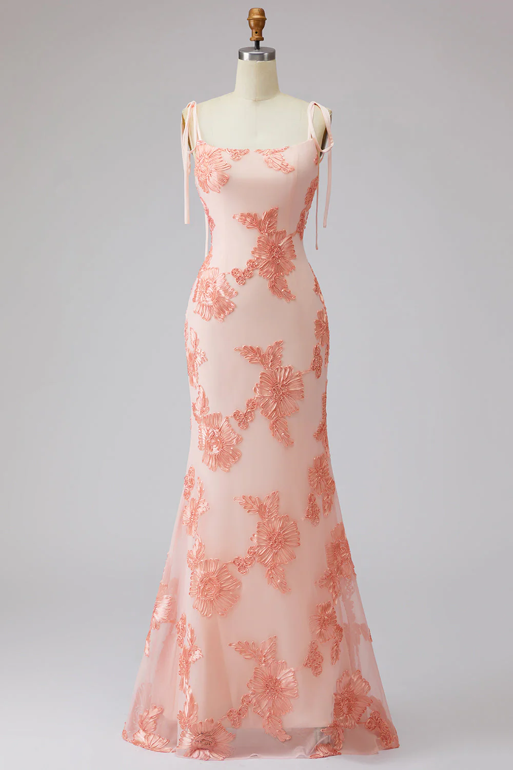 Light Blue Spaghetti Straps Mermaid Maxi Dress with Floral Embroidery - Image 9