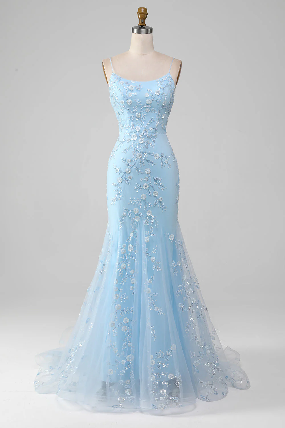 Light Blue Sparkly Beaded Mermaid Long Prom Dress - Image 3