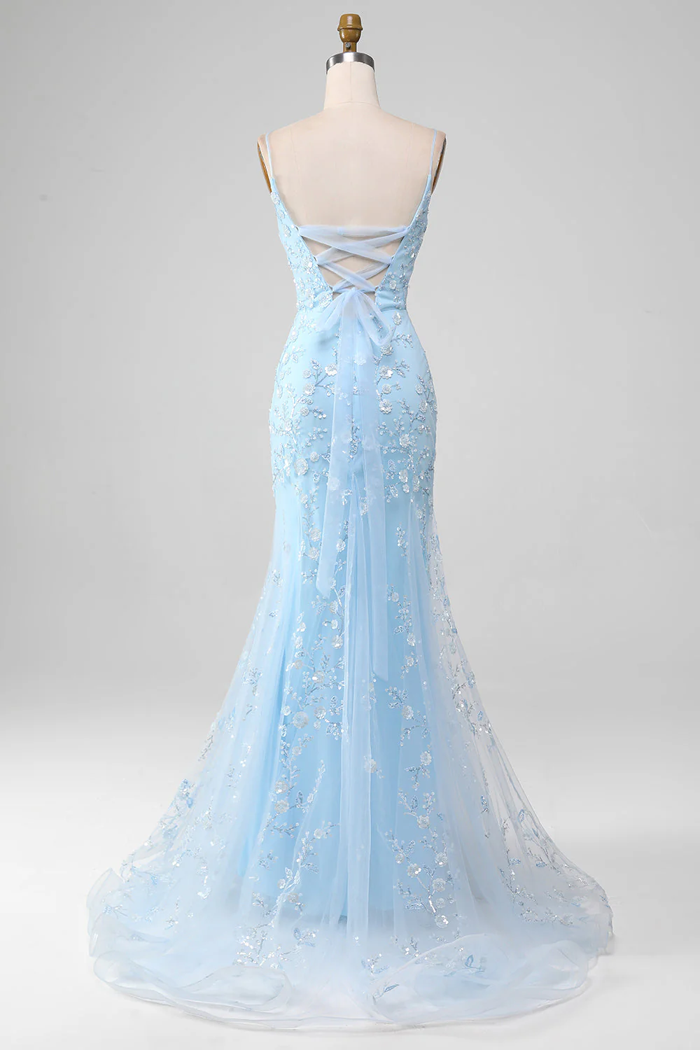 Light Blue Sparkly Beaded Mermaid Long Prom Dress - Image 4