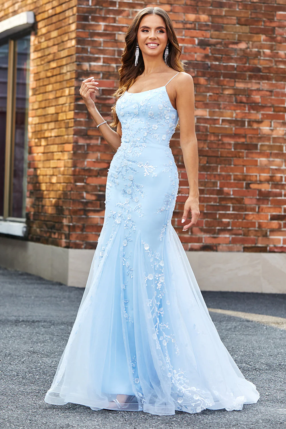 Light Blue Sparkly Beaded Mermaid Long Prom Dress - Image 7