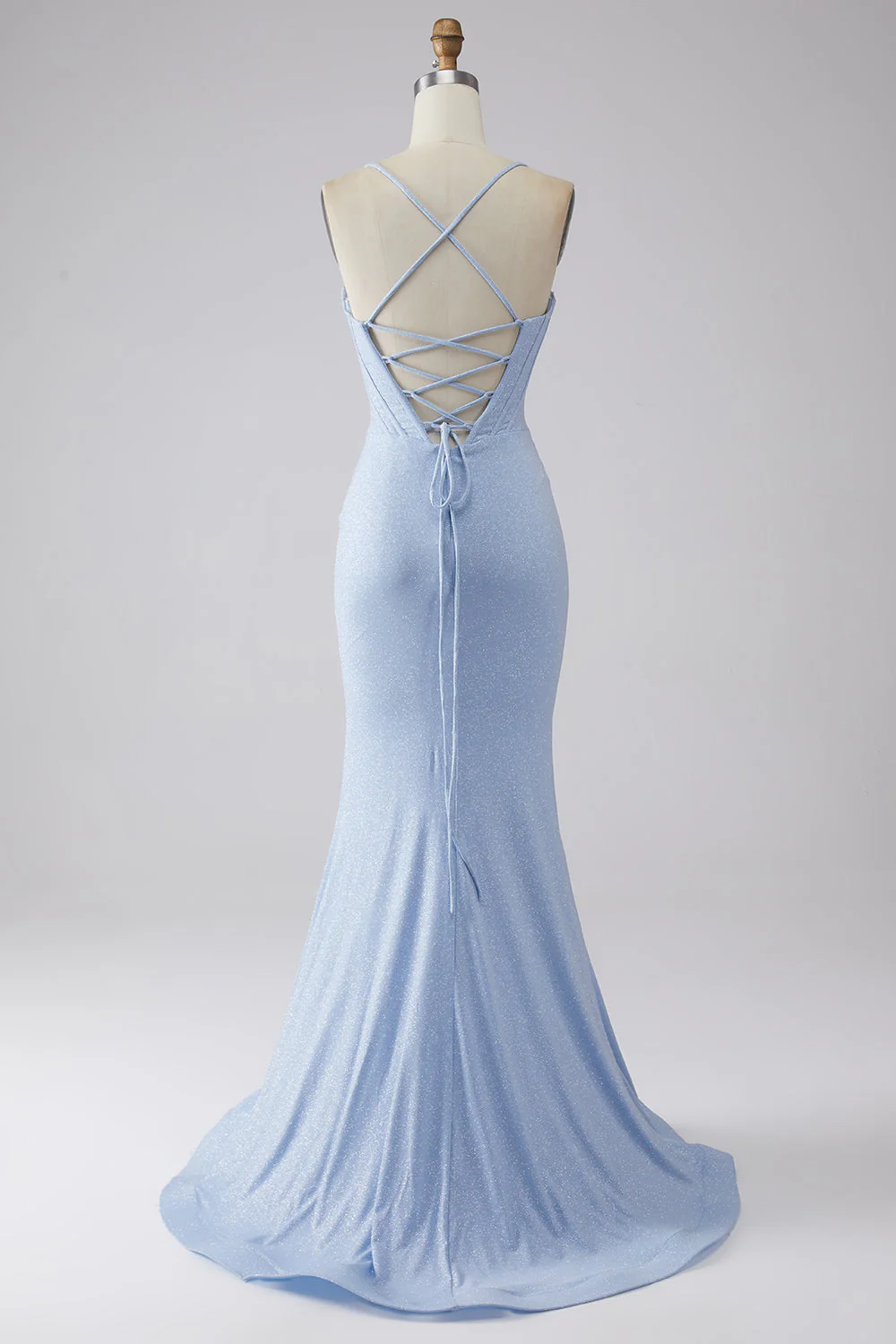 Light Blue Sparkly Mermaid Prom Dress with Slit - Image 2