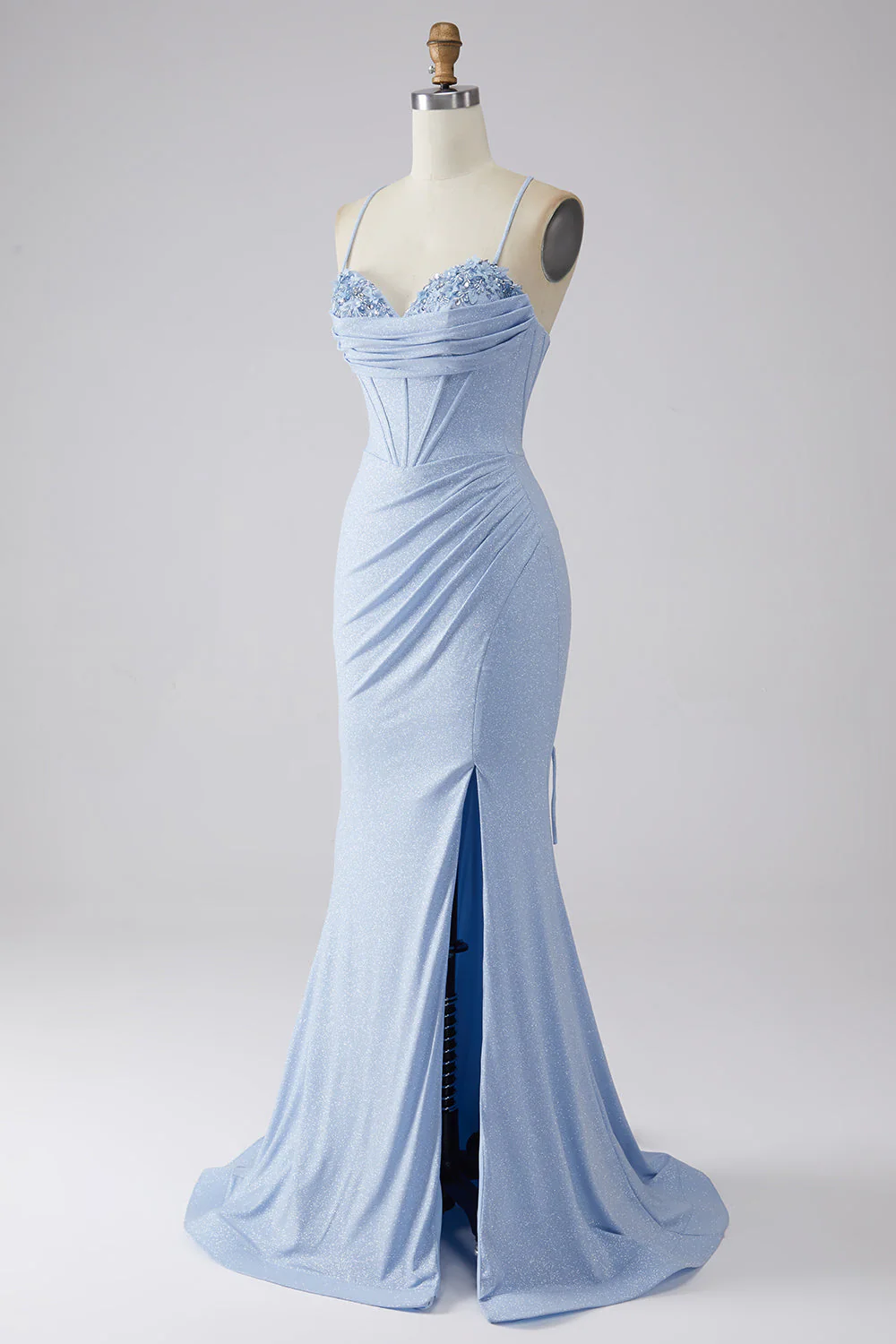 Light Blue Sparkly Mermaid Prom Dress with Slit - Image 5