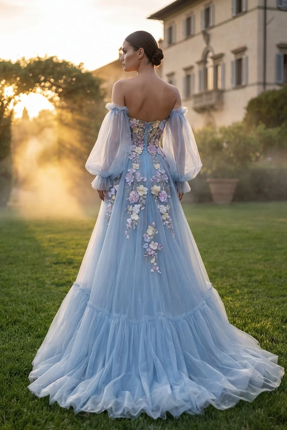 Light Blue Sweetheart Tulle A-Line 3D Flowers Prom Dress with Slit - Image 2