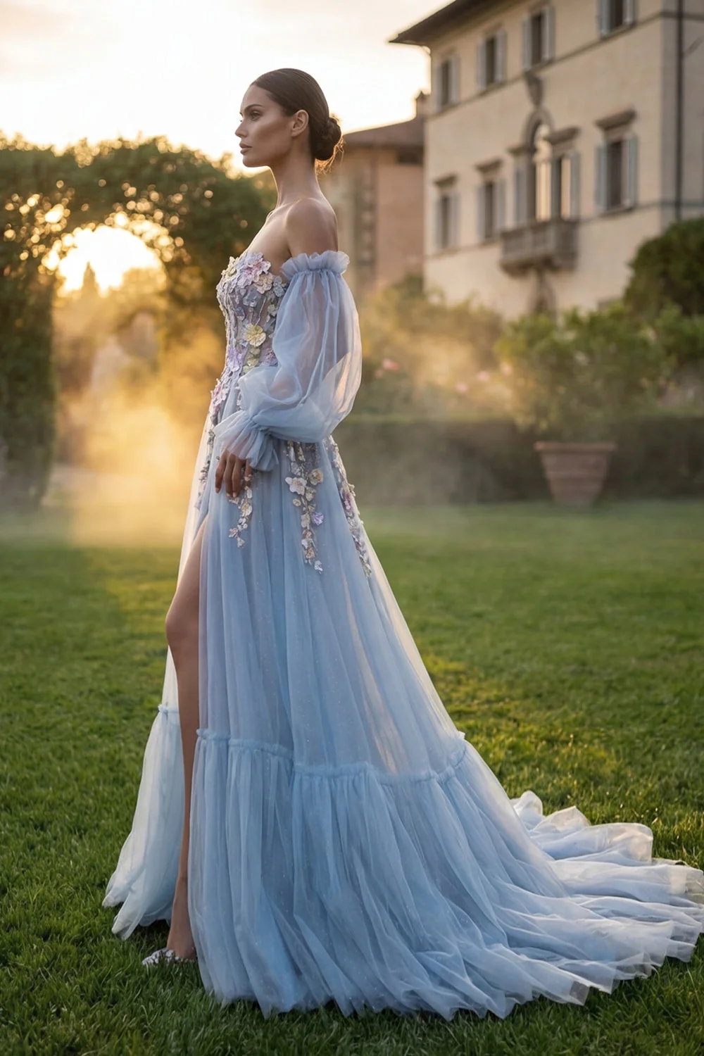 Light Blue Sweetheart Tulle A-Line 3D Flowers Prom Dress with Slit - Image 3