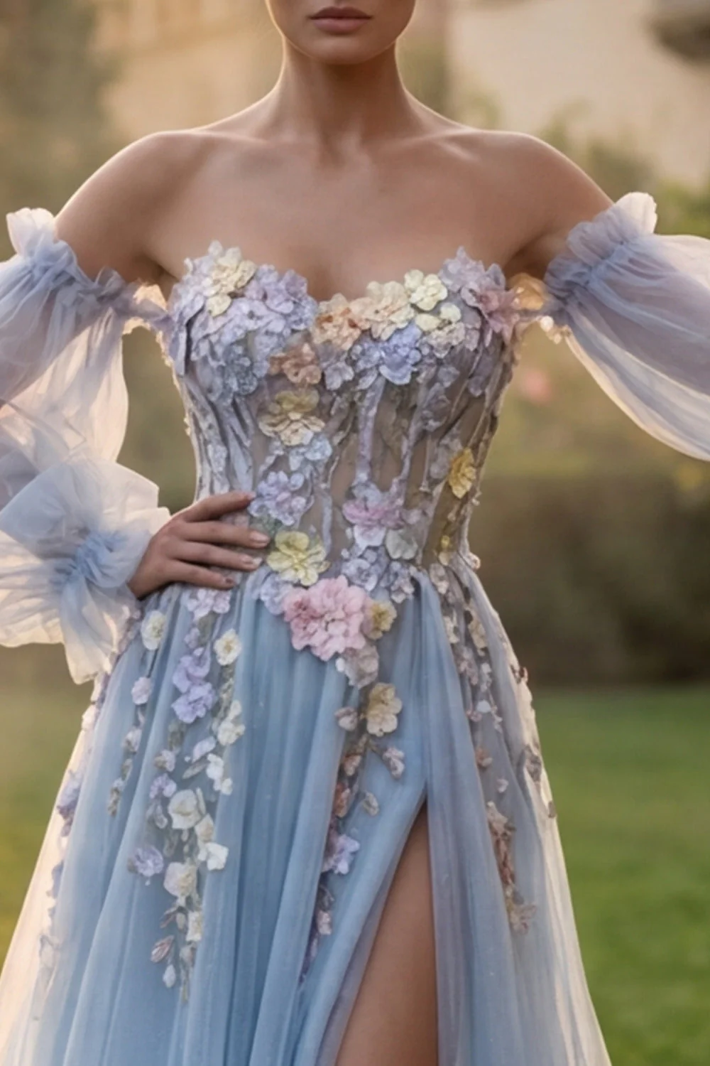 Light Blue Sweetheart Tulle A-Line 3D Flowers Prom Dress with Slit - Image 4