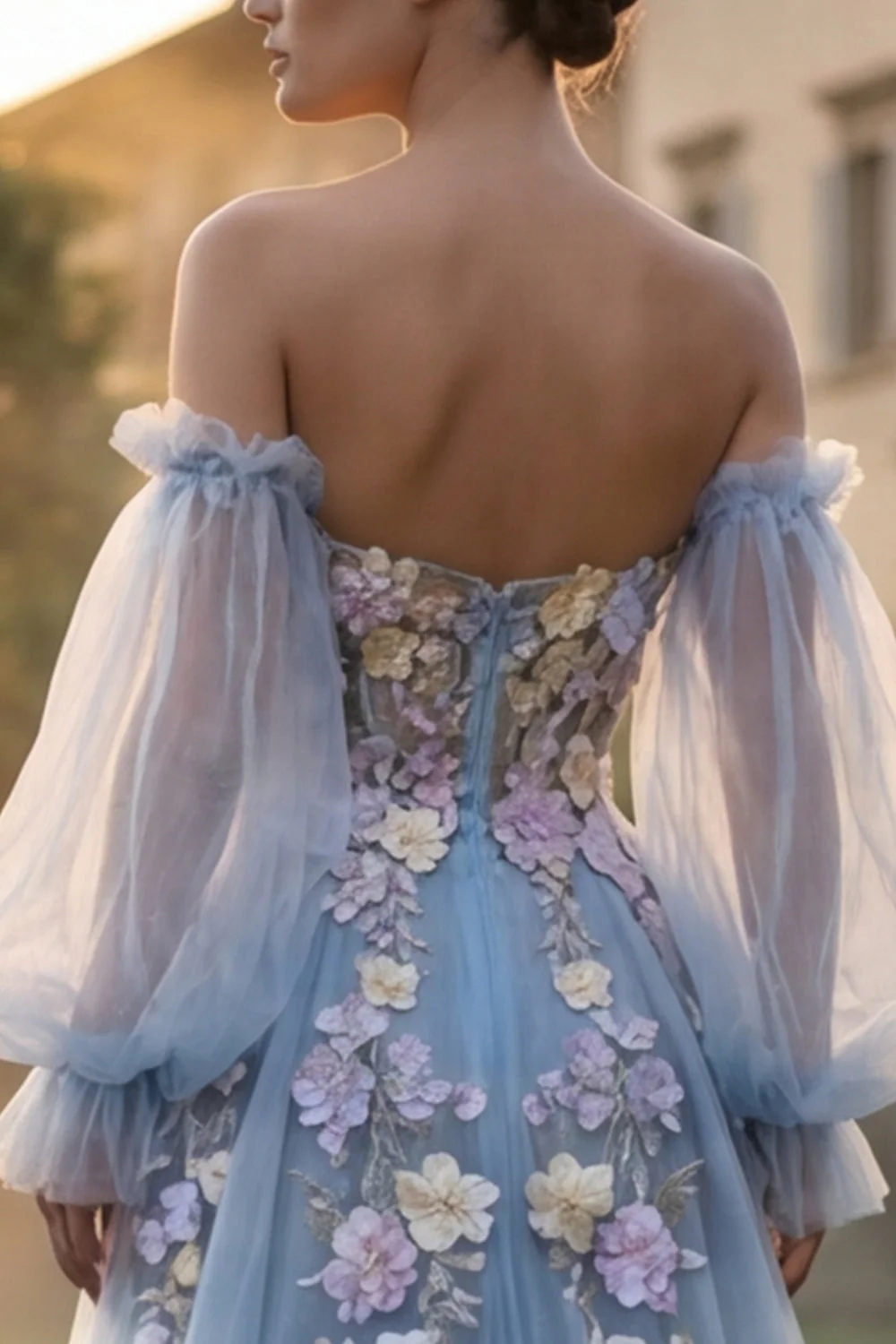 Light Blue Sweetheart Tulle A-Line 3D Flowers Prom Dress with Slit - Image 5