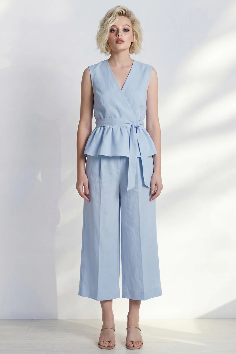 Light Blue V-Neck Ruffled Midi Women Suit with Belt
