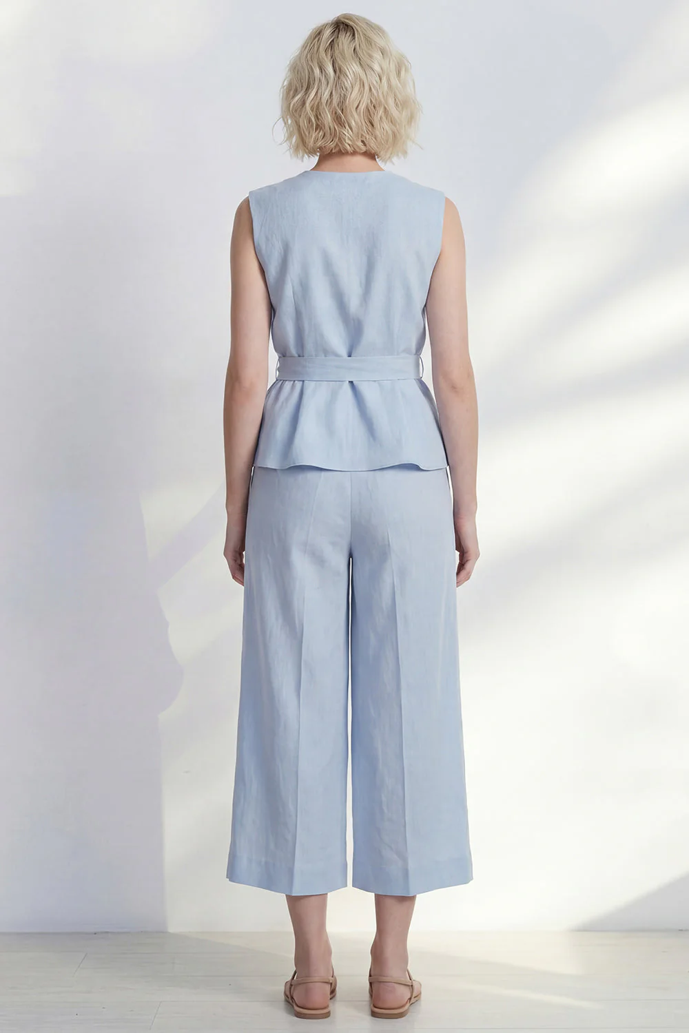 Light Blue V-Neck Ruffled Midi Women Suit with Belt - Image 2
