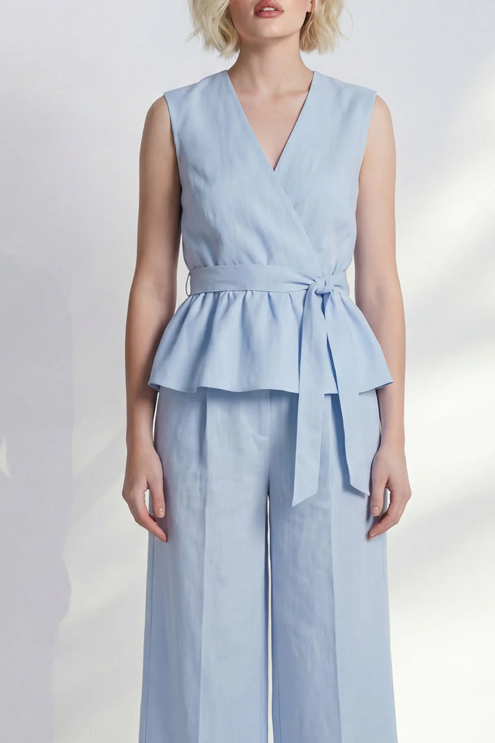 Light Blue V-Neck Ruffled Midi Women Suit with Belt - Image 3