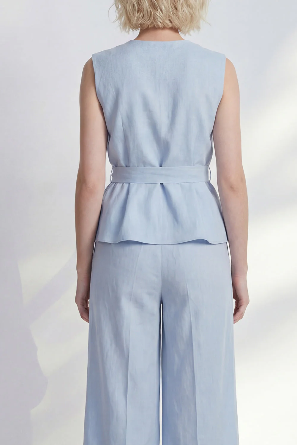 Light Blue V-Neck Ruffled Midi Women Suit with Belt - Image 4