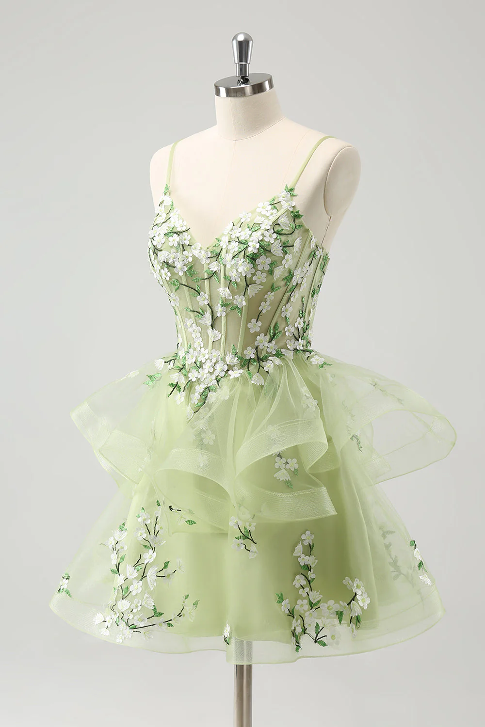 Light Green A Line Applique Short Graduation Dress with Ruffles - Image 3